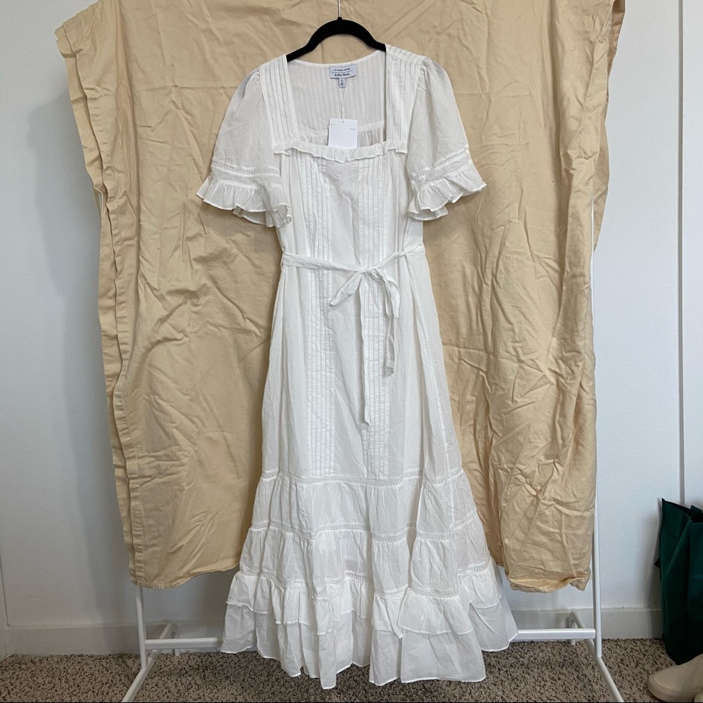 White eco cotton square neck midaxi smock dress